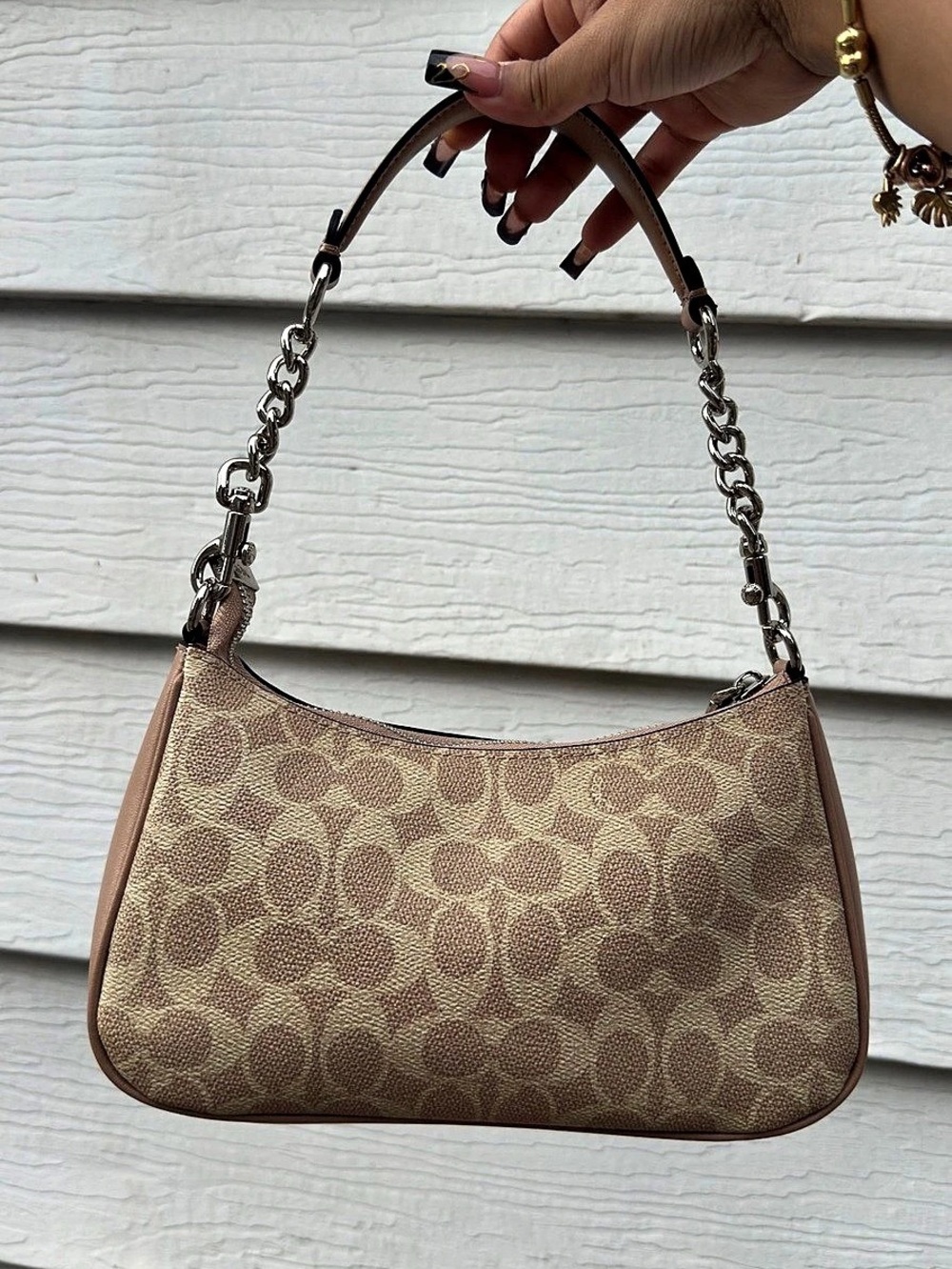 Coach Teri Shoulder Bag In Signature Canvas NWOT Silver/Tan/Taupe - Picture 3 of 11